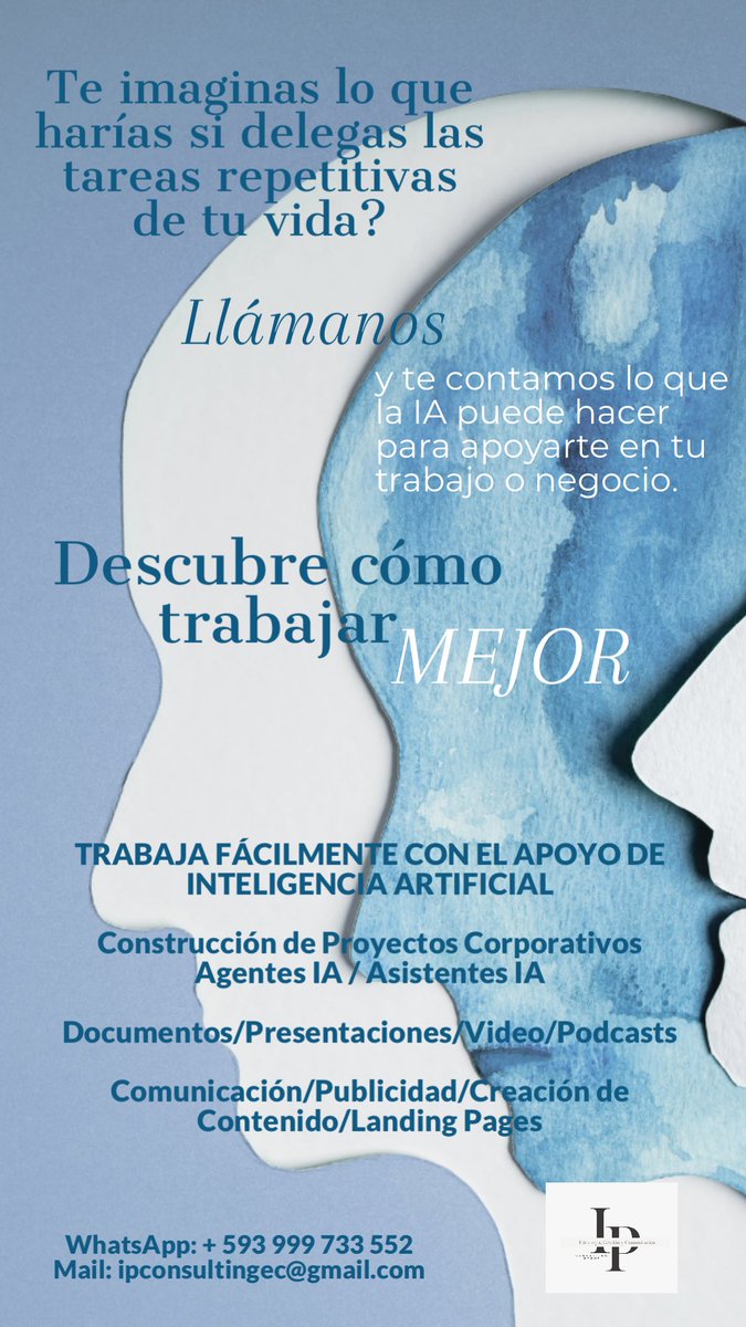 IsabelProano's tweet image. 💭 ¿Y si delegas las tareas repetitivas a la IA?
Imagina tener más tiempo para lo que realmente importa ✨
En IP Consulting te ayudamos a trabajar mejor y lograr más.

#IA #Automatización #Productividad