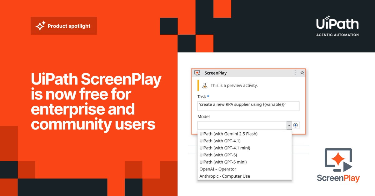 UiPath ScreenPlay 🎬—our fully autonomous, self-driving engine for building and running UI automations—is now FREE for all enterprise and community users: spr.ly/6013Aa6yP #UiPathCommunity