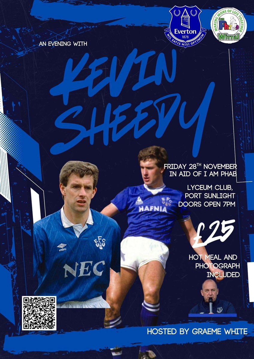 AdamSiddorn's tweet image. ⚽️PLEASE SHARE! In aid of @Iamphabwirral ⚽️
An evening with Everton legend Kevin Sheedy on Friday 28th November at The Lyceum Club, Port Sunlight 💙
Tickets include a your entry, hot meal, a photo with Sheeds, a chance to get your memorabilia signed.
All profits raised from…