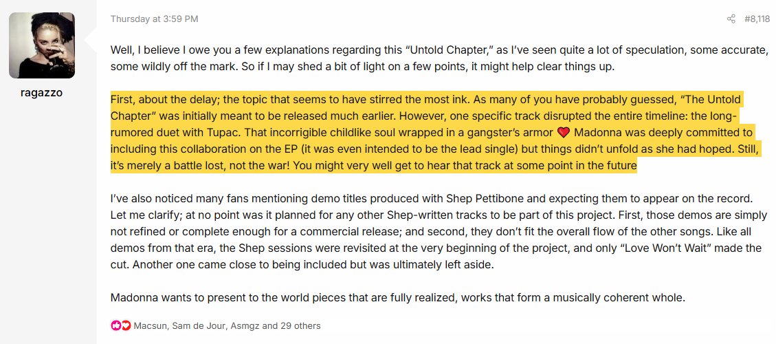 user ragazzo from the PopJustice forum confirms that the delay in the Bedtime Stories The Untold Chapter was indeed the collaboration track of Madonna with 2Pac. In their words:
First, about the delay; the topic that seems to have stirred the most ink. As many of you have