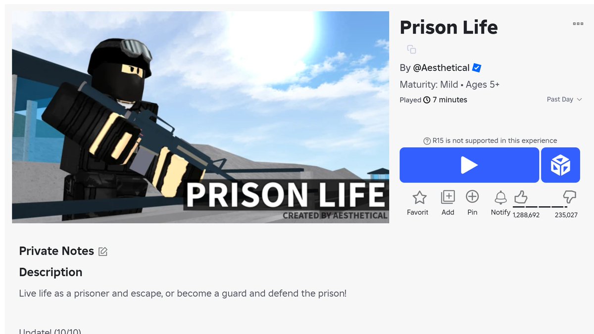 Prison Life updated after like 10 years.

It has almost 20,000 players right now. 🤯