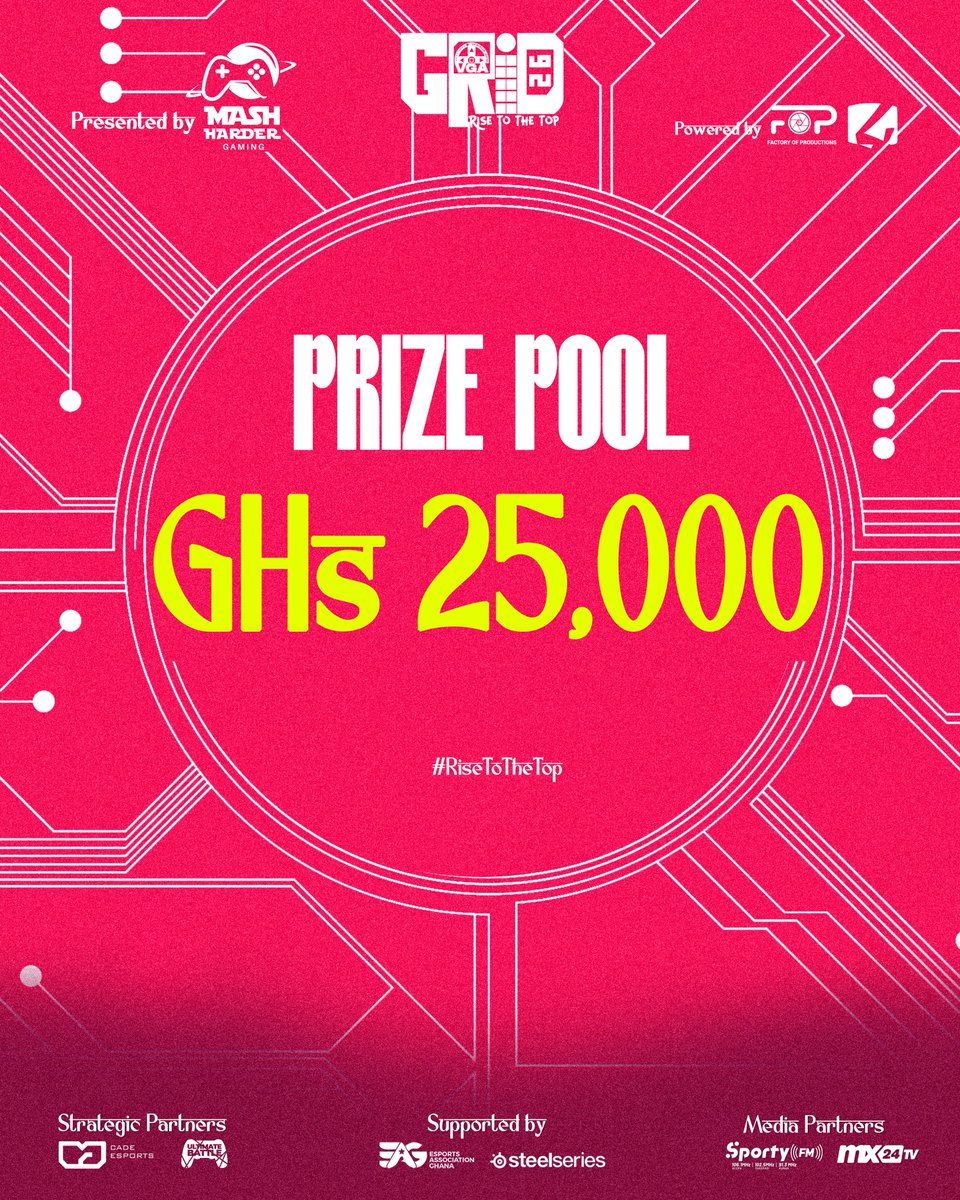 This year’s VGA GRID is bigger, bolder, and richer!

₵25,000 prize pool on the line💰🤑

One stage! One champion! 

The VGA GRiD 26 is presented by <a href="/mashhardergg/">Mash Harder</a>
Strategic Partners <a href="/CadeEsport/">CADE ESPORTS</a>  &amp; <a href="/followUltBattle/">Ultimate Battle</a> 
Supported by <a href="/esportsGhana/">ESPORTS GHANA</a> &amp; <a href="/SteelSeries/">SteelSeries</a>
Powered by