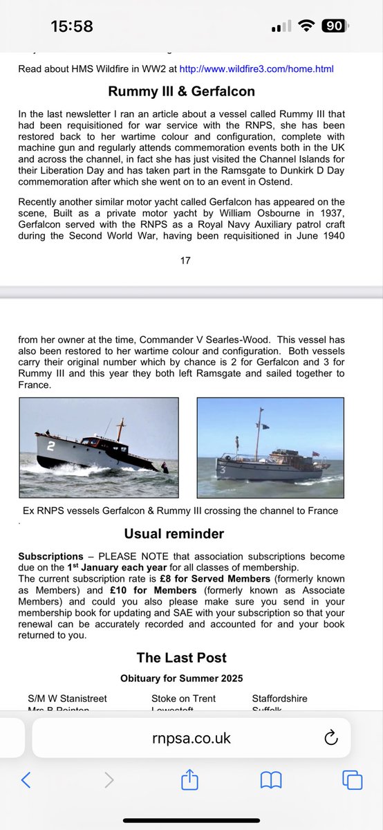 Nice to see Rummy III and Gerfalcon getting a write up in the Royal Navy Auxiliary Patrol Service Association newsletter 🗞️ 📰