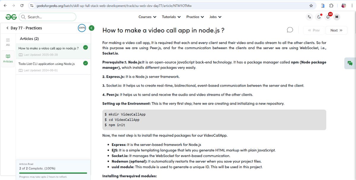 MdShahdab8's tweet image. ✅ Day - 77 📷 Practices a video call App 77/100 days Web development course Nation Skill Up with
@geeksforgeeks
to skill up our development Course Link : - geeksforgeeks.org/batch/skill-up…… #skillupwithgfg #nationskillup #CodingChallenge #geeksforgeeks #100DaysOfCode