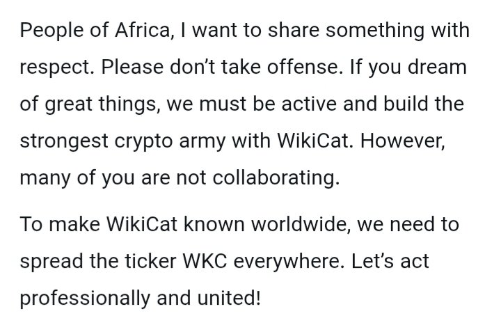 Jasmine70970's tweet image. People of Africa, I want to share something with respect. Please don’t take offense. If you dream of great things, we must be active and build the strongest crypto army with WikiCat. However, many of you are not collaborating.
$WKC 
#WikiCat
👇👇👇👇👇👇