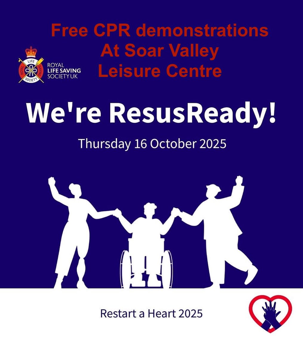 This Thursday Soar Valley Leisure Centre are partnering with the Royal Life Saving Society for RE-START A HEART DAY❤️
10am – 2pm FREE hourly demonstrations in reception area of CPR.
10:30am  there is a CRP workshop for 1 hour free of charge, but you must prebook at reception.