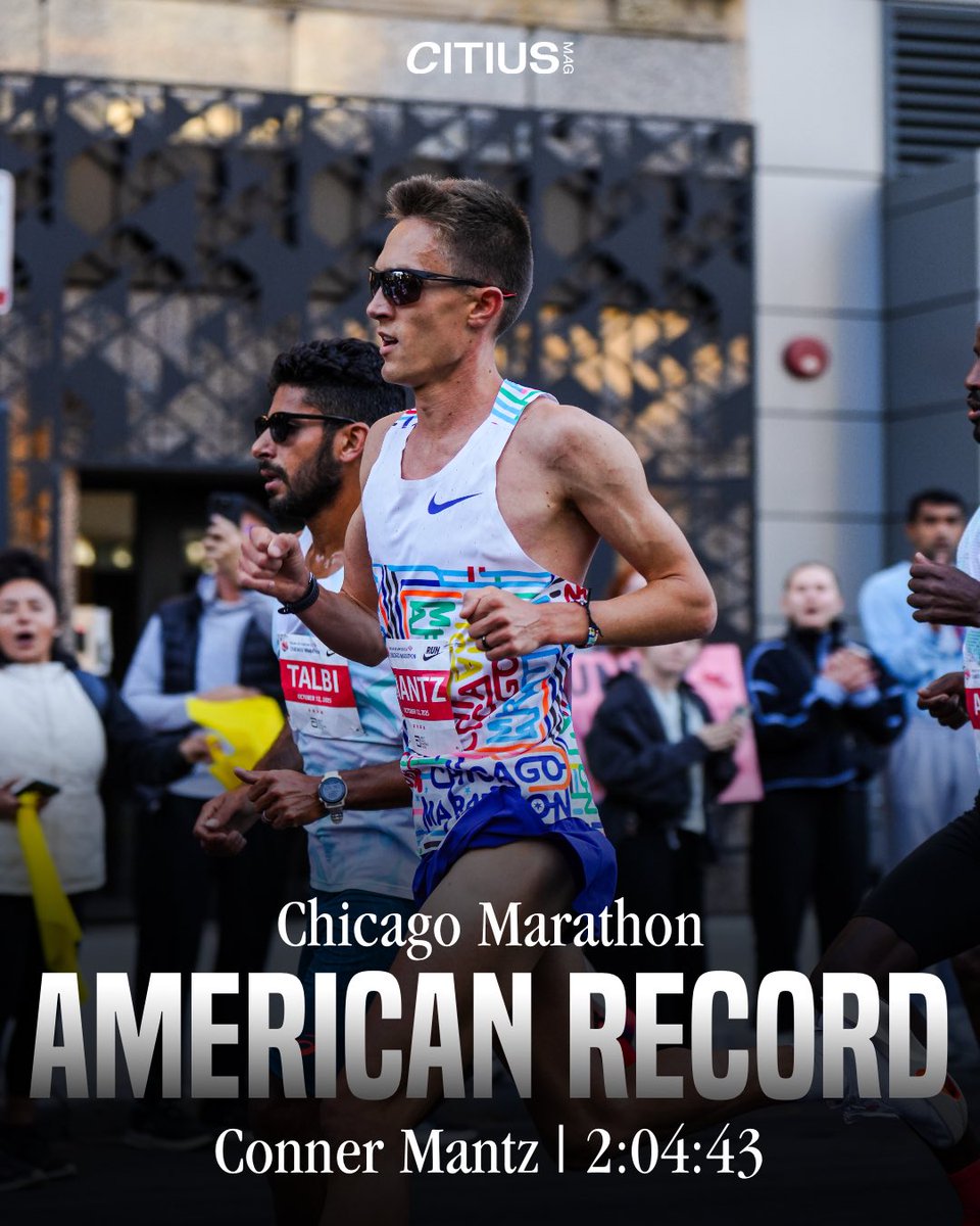 CitiusMag's tweet image. HE DID IT 🇺🇸🇺🇸🇺🇸
Conner Mantz makes HISTORY in Chicago with a 2:04:43 fourth-place finish, the fastest time ever run by an American.
Mantz breaks Khalid Khannouchi’s 23-year-old American record of 2:05:48, as well as the all-conditions best of 2:04:58 set by Ryan Hall in 2011.