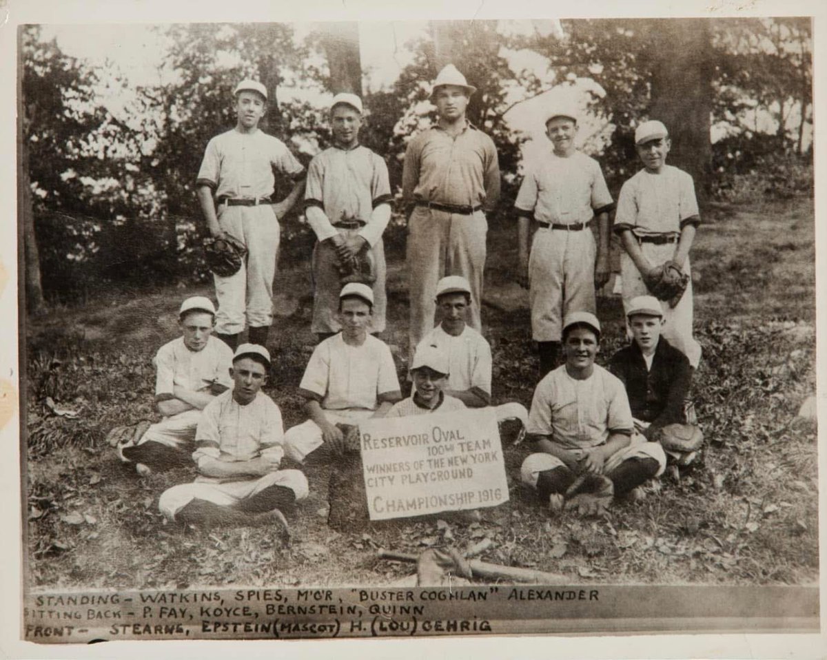 The legendary Yankee Lou Gehrig just thirteen years old when he posed with his fellow teammates celebrating their 1916 New York City Playground Championship. That's him seated second from the right.