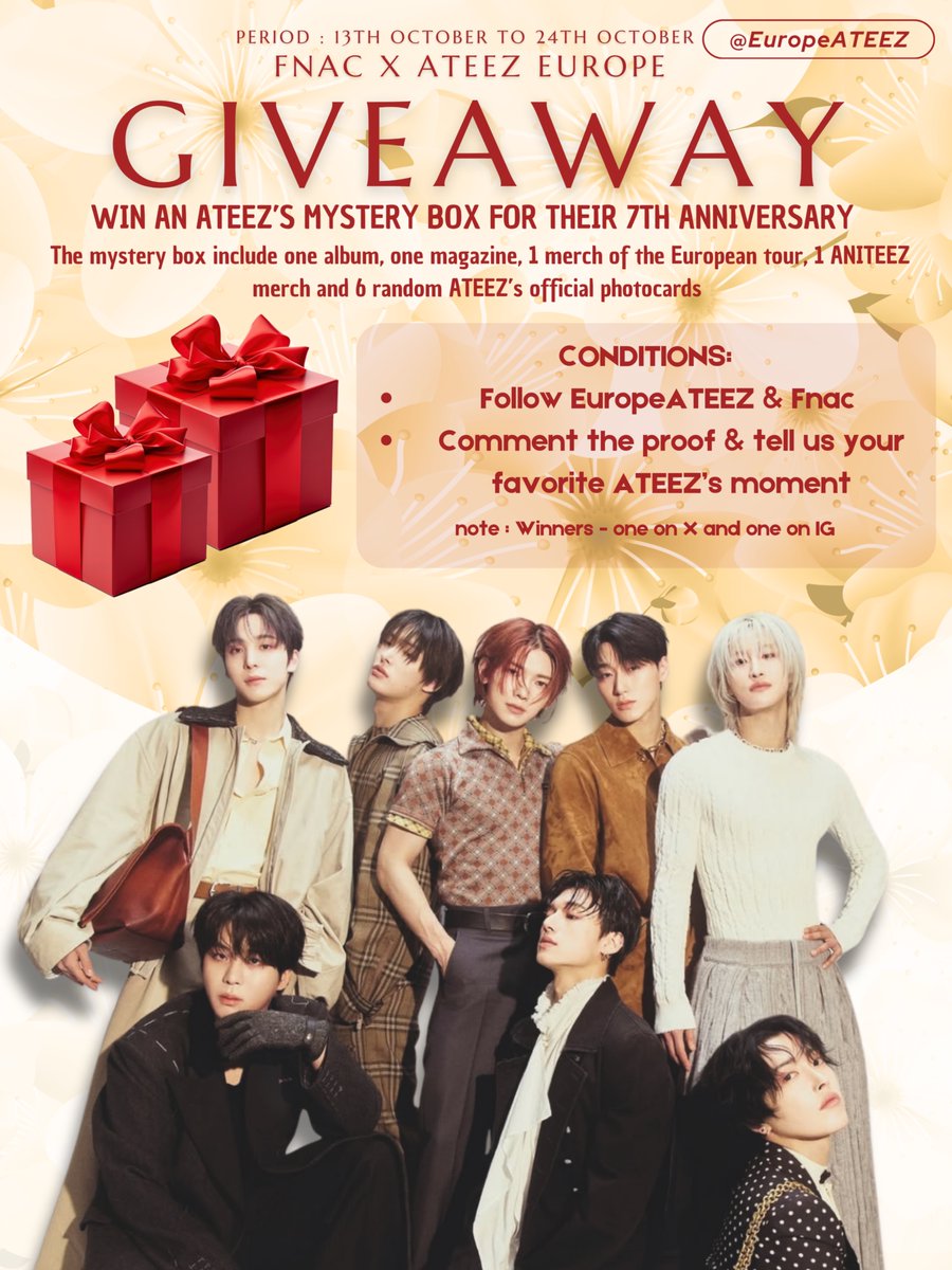 EuropeAteez's tweet photo. GIVEAWAY WITH FNAC 

ATINYs! 
To celebrate ATEEZ's 7th anniversary, we are collaborating with @Fnac  who is offering us some ATEEZ's official products.

Try to win a mystery box – a box that's not so mysterious after all, as it will include an album, a magazine, a merch from the European tour, one ANITEEZ merch and official photocards.

To participate, all you have to do is :
✮Follow @EuropeAteez account
✮Follow @Fnac account
✮Share the proof  in comments  & tell us your favorite ATEEZ’s moment 

Giveaway date: 13/10/2025 at 10am to 24/10/2025 at 11am CET

This giveaway will take place on X and IG and will be conducted by random draw.

There are two prizes, two winners one on X and one on IG   
Contest limited to Europe/UK.

@ATEEZofficial 
#ATEEZ #에이티즈  #7_years_with_ATEEZ #ATEEZxFNAC #ATEEZinEurope