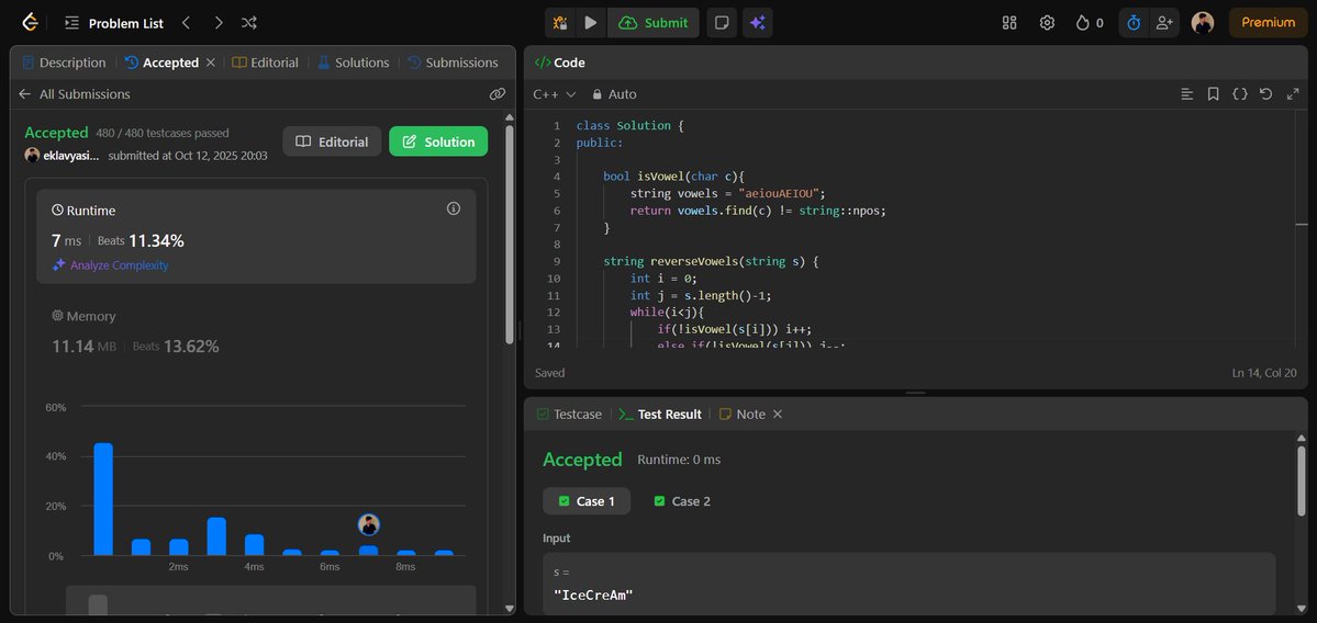 eklavyaasingh's tweet image. 🚀 Day 20 of #100DaysOfCode

Solved LeetCode 345: Reverse Vowels of a String using the two-pointer approach.
Pretty easy to solve it once I got the logic 

leetcode: leetcode.com/u/eklavyaasingh

#LeetCode #Cplusplus #100DaysOfCode #DSA #CodeWithEklavya
