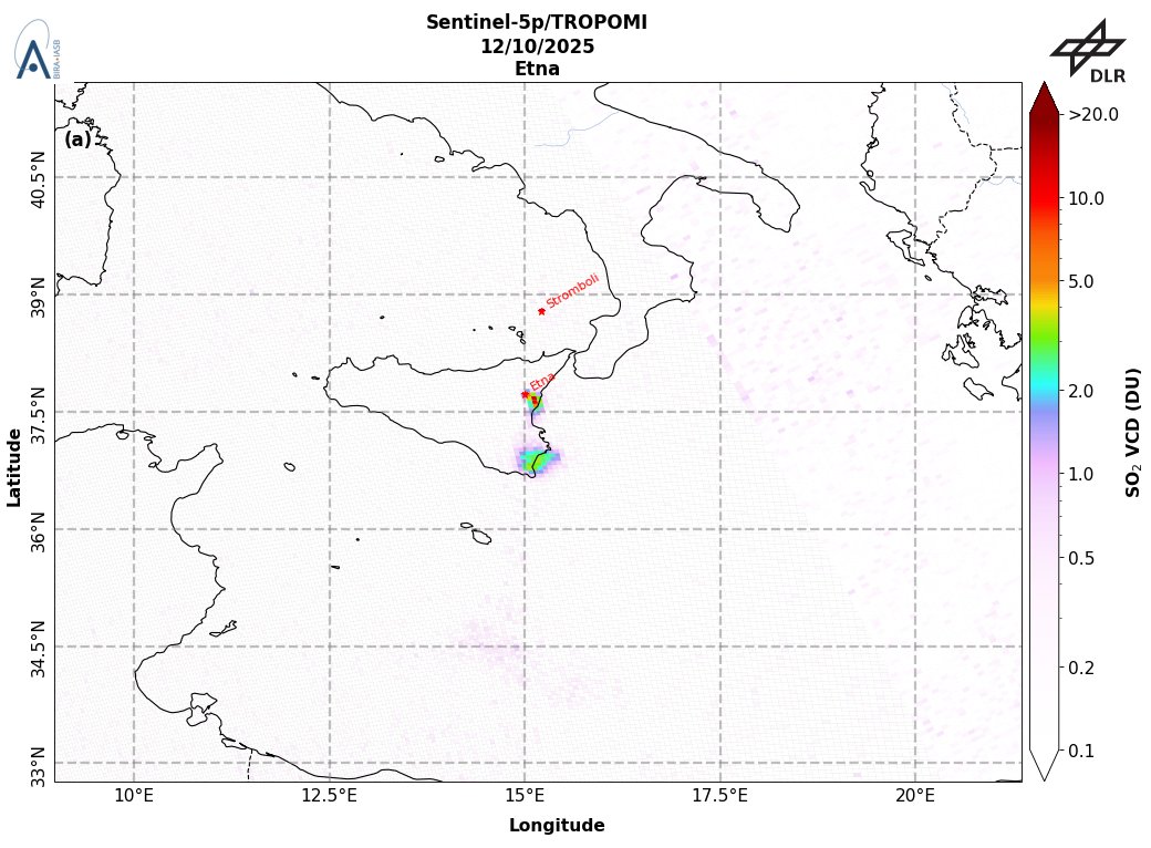 TROPOMI_SO2's tweet image. On 2025-10-12 #TROPOMI has detected an enhanced SO2 signal of 13.08DU at a distance of 12.3km to #Etna. Other nearby sources: #Stromboli. #DLR_inpuls @tropomi #S5p #Sentinel5p @DLR_en @BIRA_IASB @ESA_EO #SO2LH