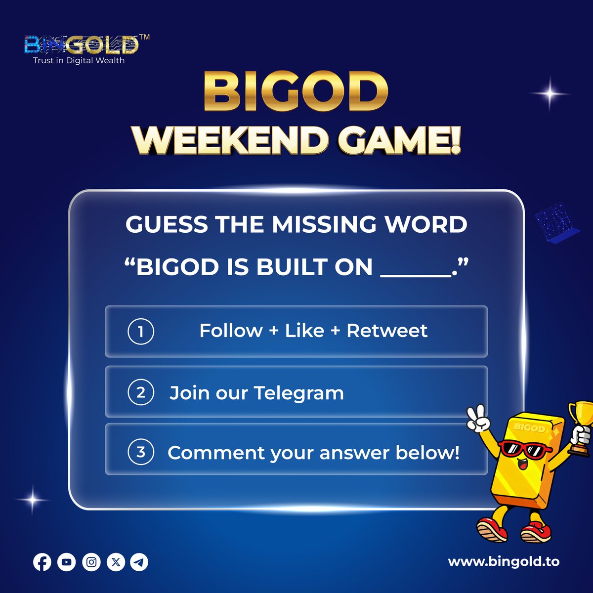 🎮 BIGOD Weekend Game! 🎮

Guess the missing word 👇
“BIGOD is built on ______.”

Hint: It’s the foundation of everything we do 💎
1. Follow + Like + Retweet
2. Join our Telegram -&gt; t.me/bigodtoken (show us a screenshot as proof)
2. Comment your answer below + Drop BIGOD