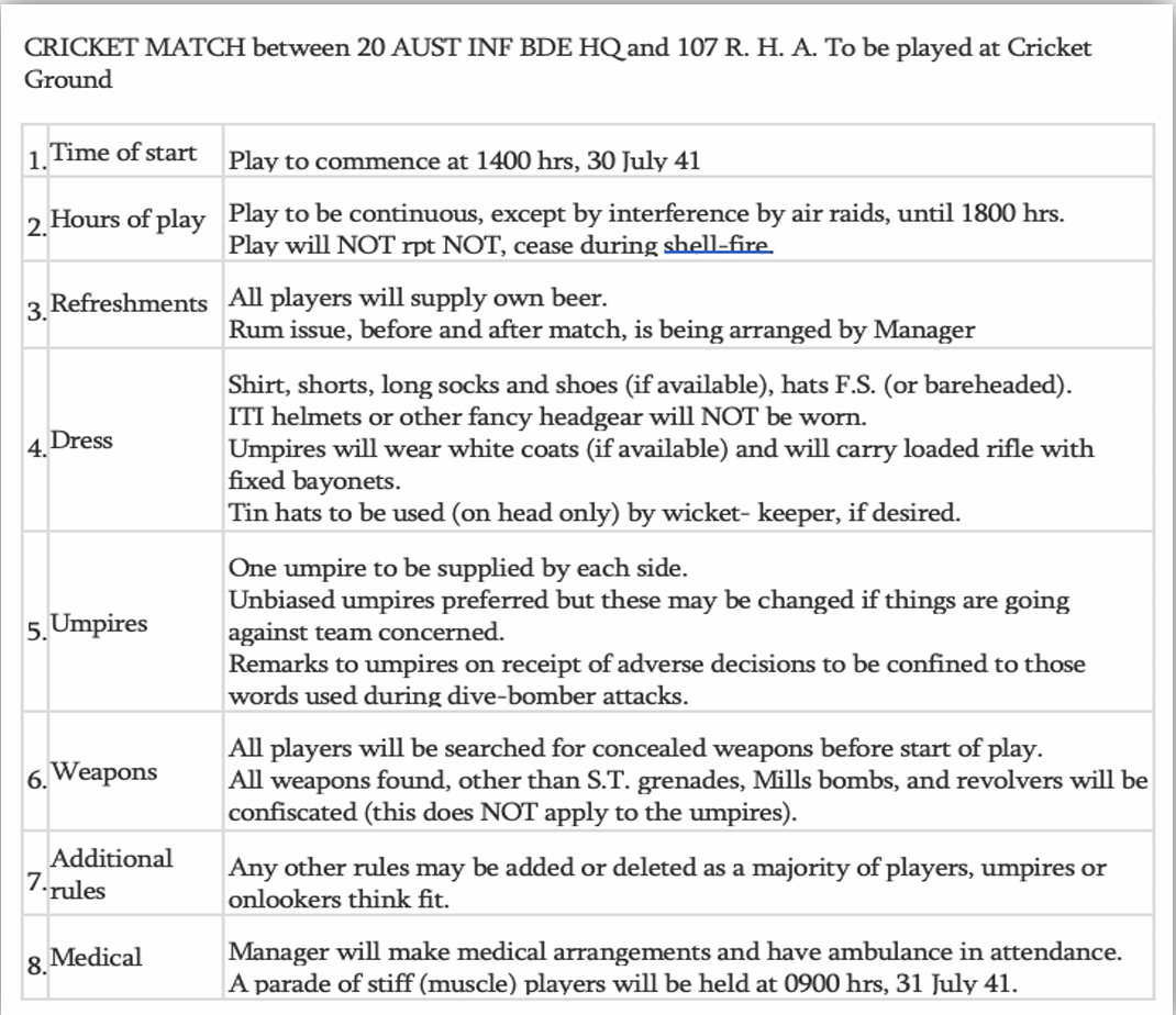RealTimeWWII's tweet photo. "Players must supply own beer, may not carry weapons other than grenades &amp; revolvers." Full rules for Tobruk cricket: https://t.co/saEQgs8bUS