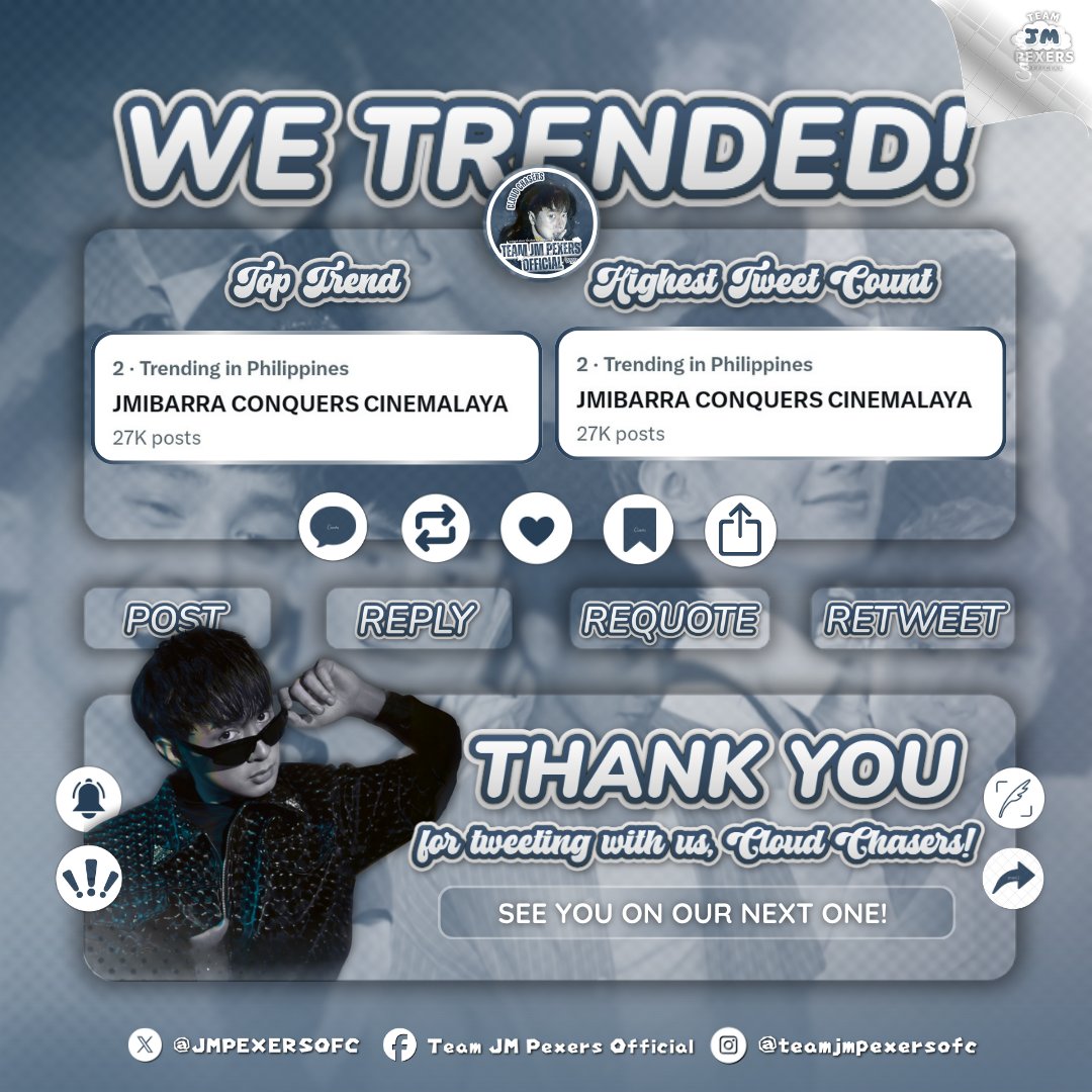 𝗪𝗘 𝗧𝗥𝗘𝗡𝗗𝗘𝗗 ˳ᐟ

Thank you for partying with us, Cloud Chasers!

Because of your support, our tag soared to Top 2, and together we reached over 27k tweets on the trends list! 🎉

Thank you, Cloud Chasers, Solids, and Besties, for tweeting with us, all for the love for JM.