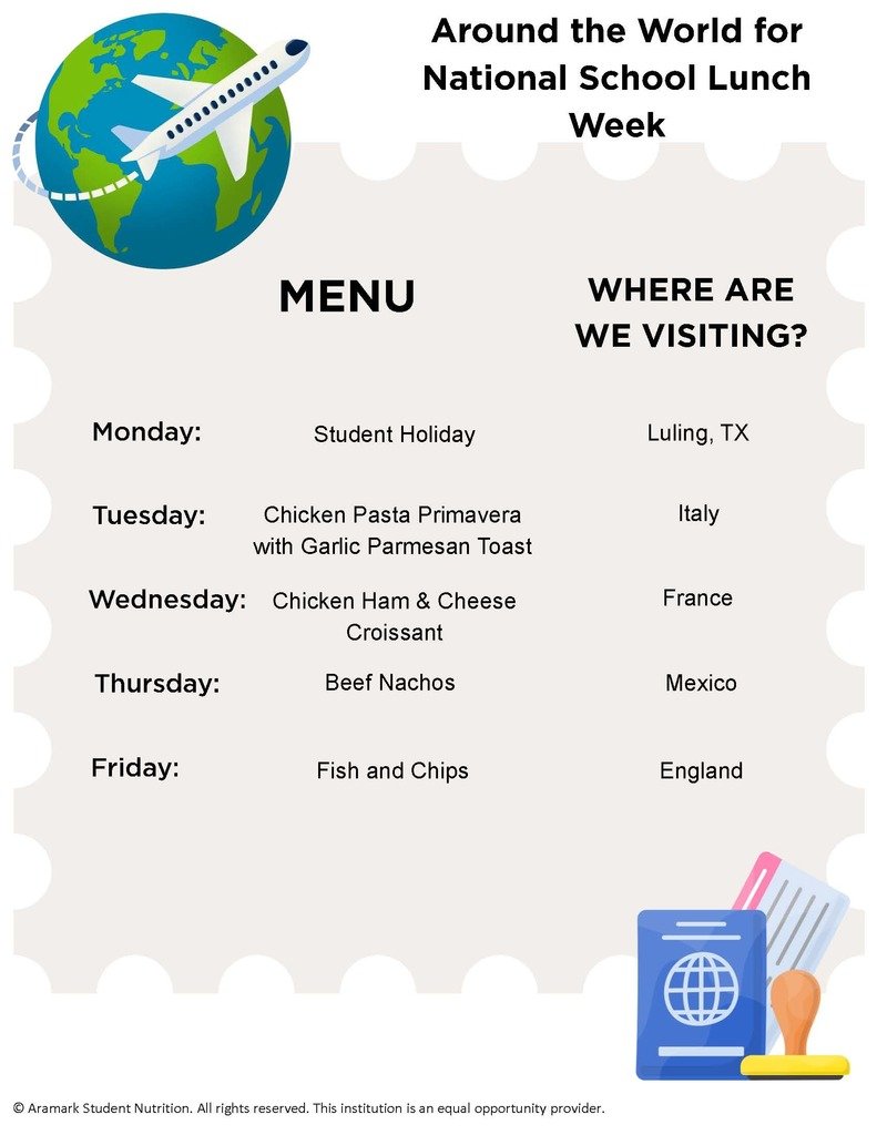 LulingISD's tweet image. National School Lunch Week is October 13-17 and Shanklin Elementary is celebrating with an internationally themed menu! Get your school lunch passports ready!!