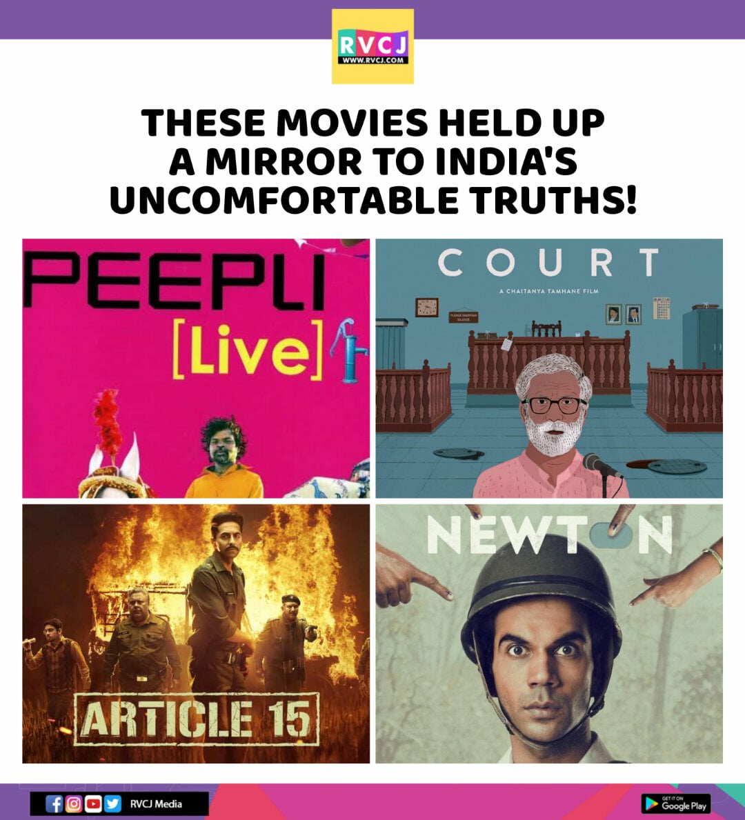 rvcjmovies's tweet image. These movies 🔥 

#newton #court #peeplilive #article15 #rajkummarrao #ayushmannkhurrana