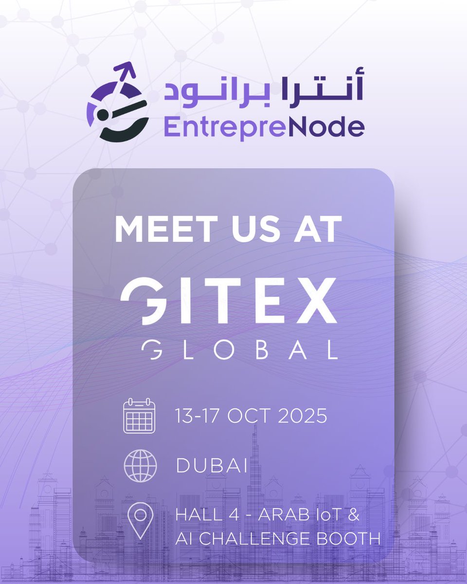🚀 EntrepreNode is heading to #GITEX2025!

Connect with us at:
📍 Expand North Star – Hall 4
💡 Arab IoT &amp; AI Challenge Booth
📅 Oct 13–17 | Dubai
Fueling Connection, One Innovation at a Time.
#EntrepreNode #Startups #AI #Innovation #MENAStartups