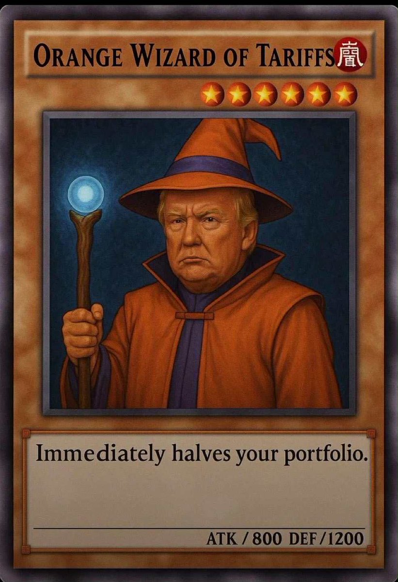 Orange Wizard of Tariffs — when he enters the battlefield, each player sacrifices half their net worth. 🧙🏻‍♂️