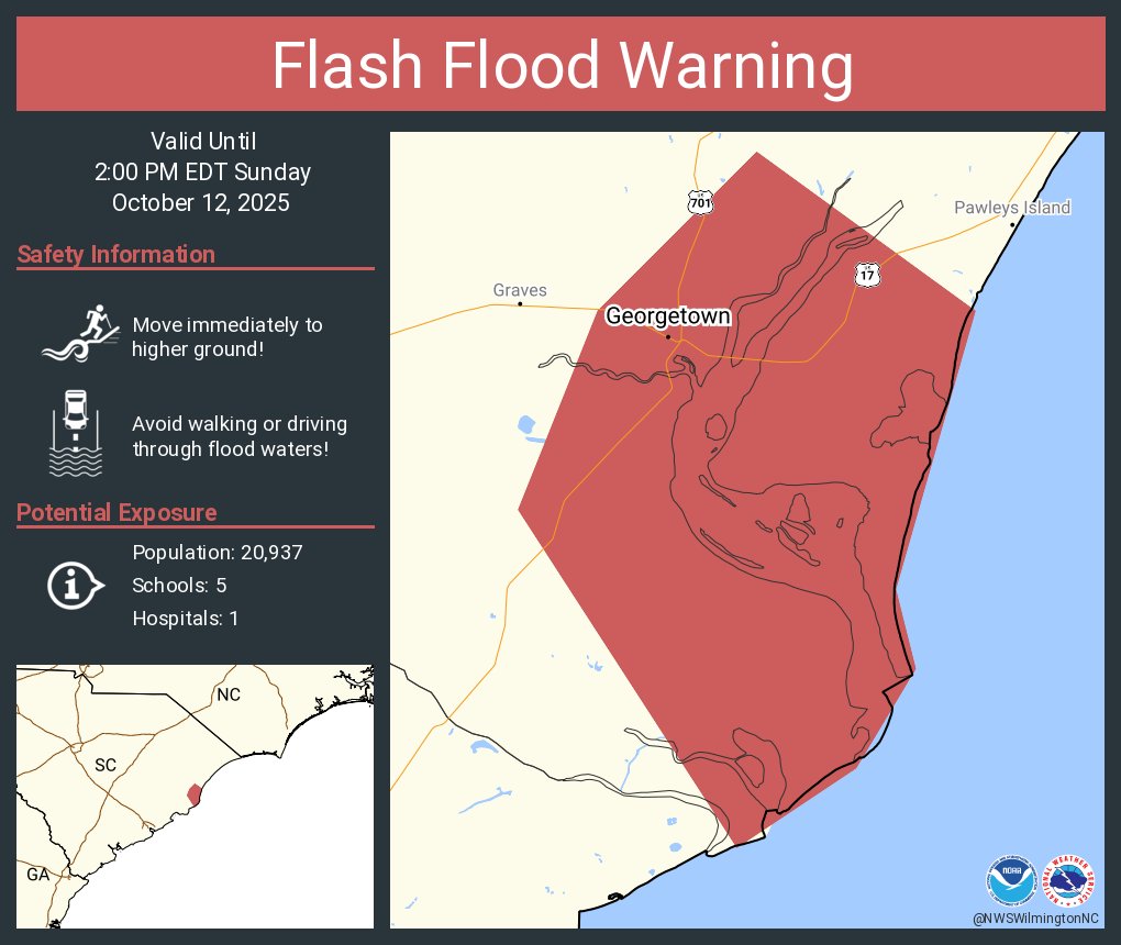 NWSWilmingtonNC's tweet photo. Flash Flood Warning continues for Georgetown SC until 2:00 PM EDT https://t.co/oIti6CGxYt