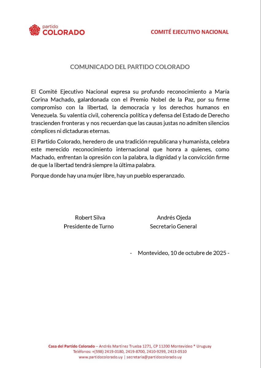 El Partido Colorado celebra a María Corina Machado, Nobel de la Paz 2025, símbolo de la lucha por la libertad, la democracia y los DD.HH. en Venezuela. Su ejemplo muestra que las causas justas no tienen fronteras y que la libertad siempre habla. 🕊️