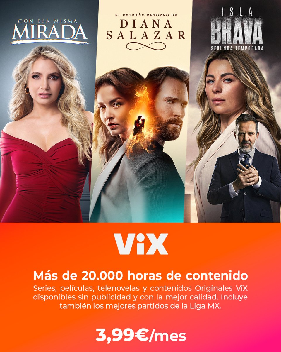 vixatresplayer's tweet photo. ✨¡Disfruta en #atresplayer de lo mejor de #ViX!✨

💫#ConEsaMismaMirada
🔥#ElExtrañoRetornoDeDianaSalazar
💥#IslaBrava

Esto y mucho más por SOLO 3,99€ al mes en exclusiva con #atresplayer. ➡ https://t.co/HL011fMdRp https://t.co/L1Dqgw8BTn
