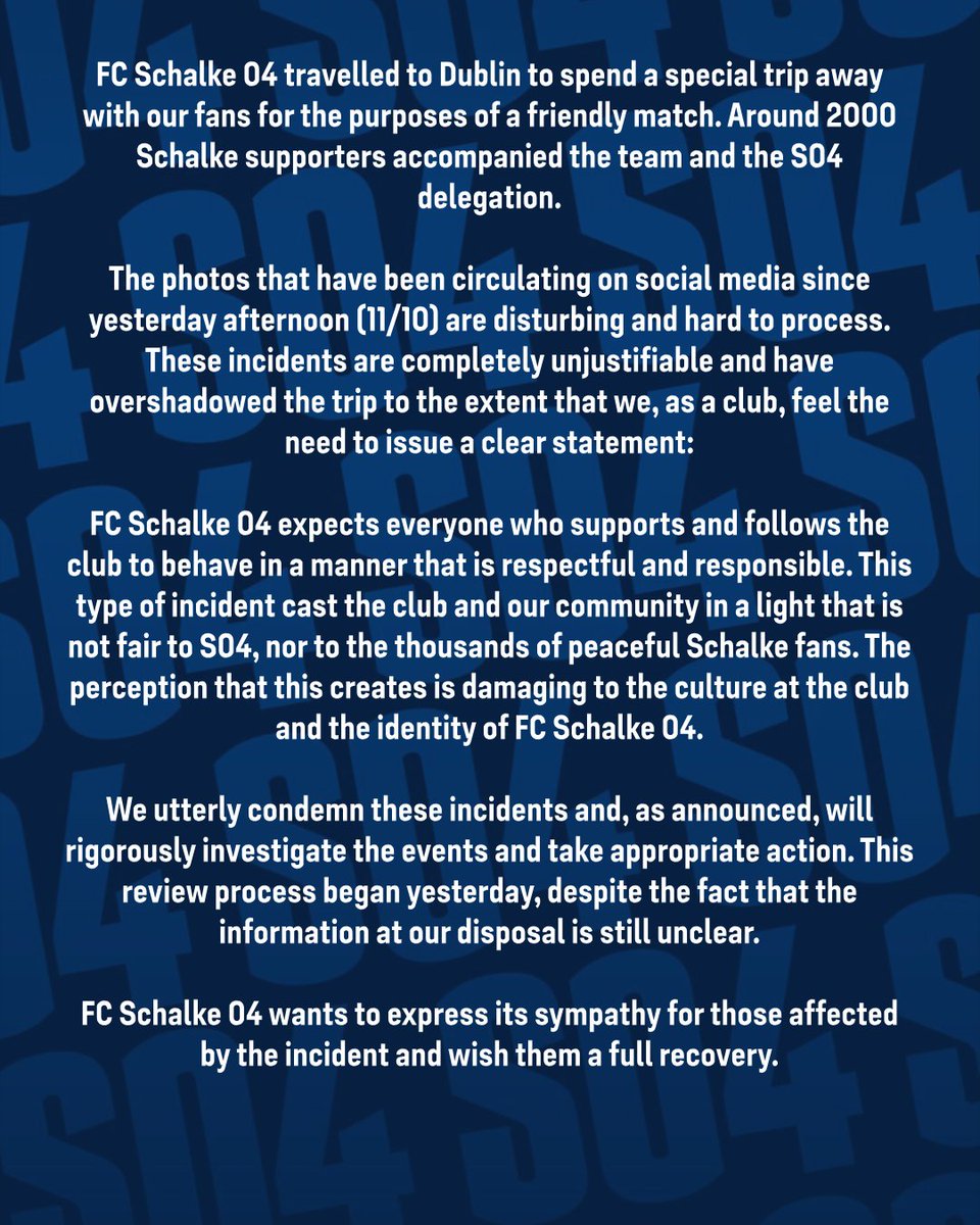 s04_en's tweet image. FC Schalke 04 utterly condemns the incidents that took place in Dublin yesterday.