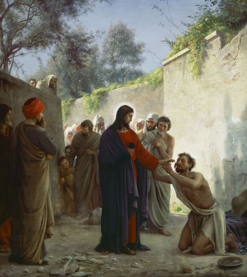 Along the path sits a blind beggar, Bartimaeus. Having discovered that Jesus is among the pilgrims, he cries out incessantly: “Jesus, Son of David, have mercy on me!” (Mk 10:47). People try to calm him down, but it is useless, and finally Jesus calls him over. To his plea,