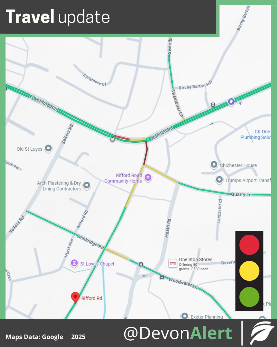DevonAlert's tweet image. 15:56 The traffic lights are now working. TD

13:33 12/10/25 Due to an RTC the traffic lights at Rifford Road/East Wonford Hill are all out and the junction with Sweetbriar Lane and Honiton  Road Exeter. Please approach with caution. AW