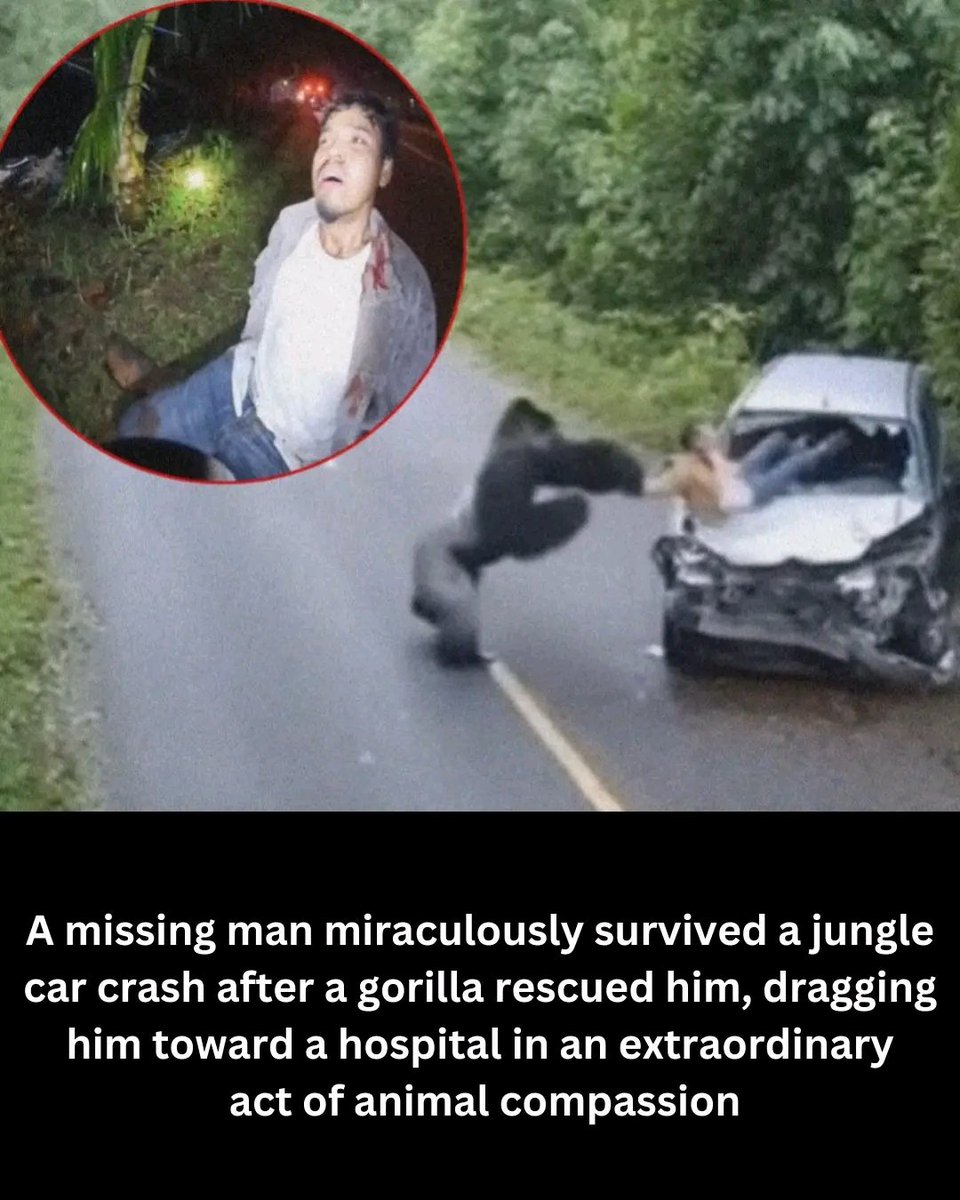 TeaTheDeveloper's tweet image. Unbelievable. A missing man has been found alive in a remote jungle town — and his rescuer was not human, but a gorilla.
According to local reports, the man had gone missing after a severe car crash on a forest road. Hours later, wildlife researchers reviewing CCTV footage —…