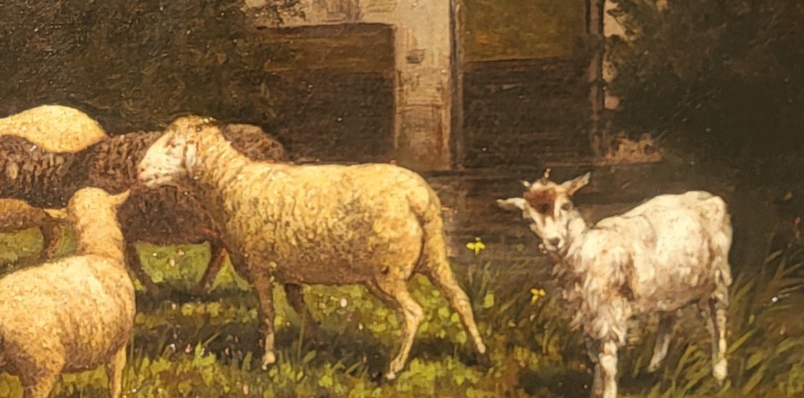 AzmaniP's tweet image. Sujet :  La peinture représente un paysage rural avec un groupe de moutons paissant devant un bâtiment rustique, probablement une ferme. Le ciel est nuageux, suggérant une ambiance mélancolique ou une fin de journée.

Style : Le style pictural semble être réaliste