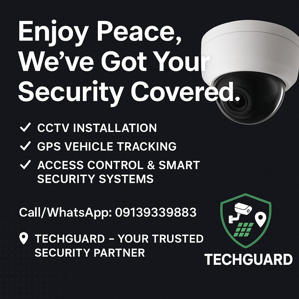 TechGuardNg's tweet image. Peace of mind starts with the right protection.
From your home to your business, TechGuard keeps you safe — always on, always reliable. 💪🔒

📞 Call/WhatsApp: 09139339883
#TechGuard #SecuritySolutions #CCTV #GPSTracker #HomeSecurity #NigeriaBusiness