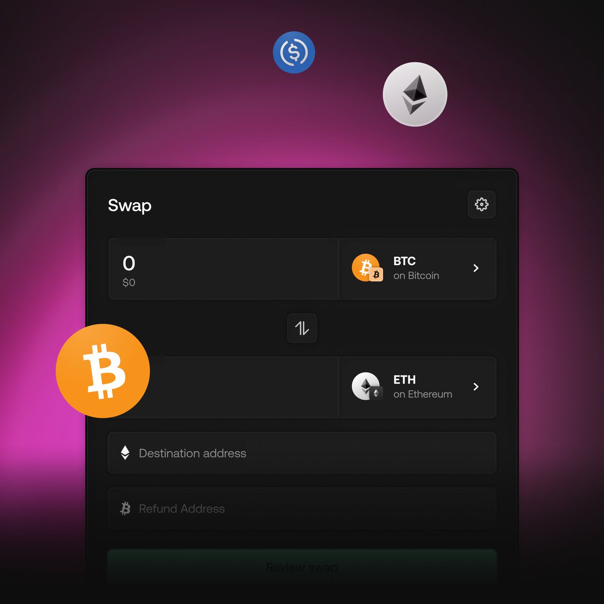 Swap native BTC for ETH directly. No WBTC, no cbBTC, and no custody risks.  Just Bitcoin moving to Ethereum as it should be.