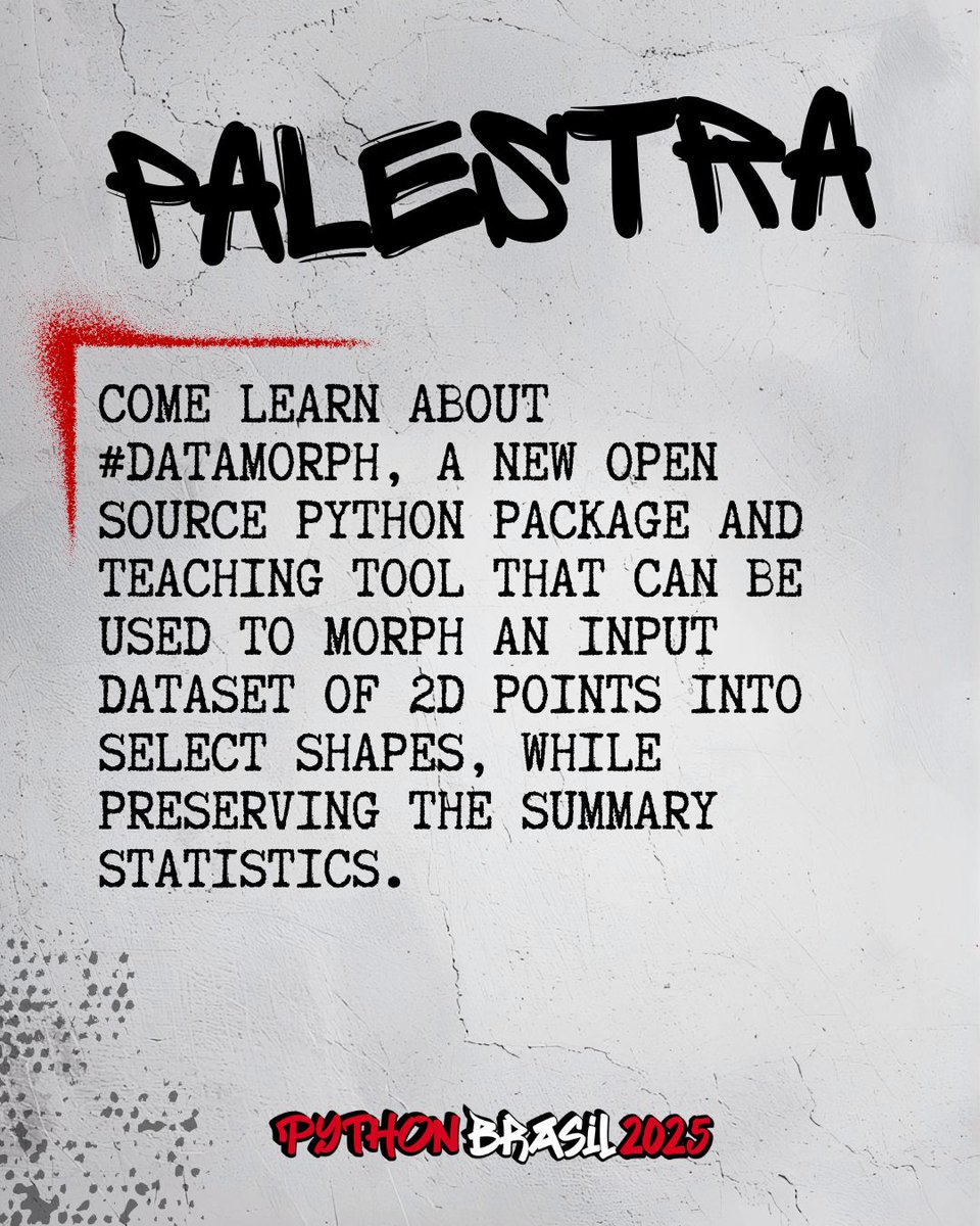pythonbrasil's tweet image. Palestra
Data Morph: A Cautionary Tale of Summary Statistics- Stefanie Molin
Come learn about #DataMorph, a new open source Python package and teaching tool that can be used to morph an input dataset of 2D points into select shapes, while preserving the summary statistics.