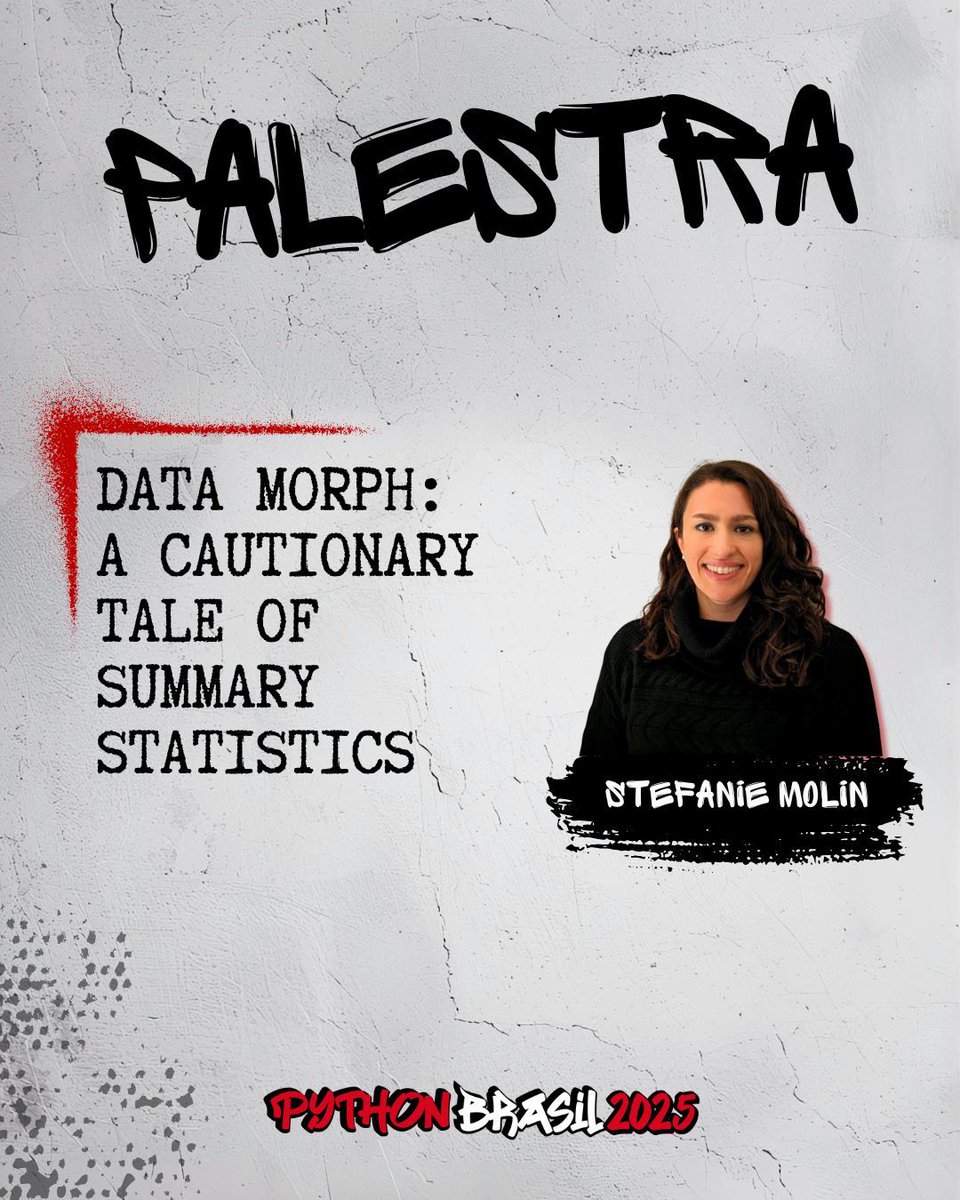 pythonbrasil's tweet image. Palestra
Data Morph: A Cautionary Tale of Summary Statistics- Stefanie Molin
Come learn about #DataMorph, a new open source Python package and teaching tool that can be used to morph an input dataset of 2D points into select shapes, while preserving the summary statistics.