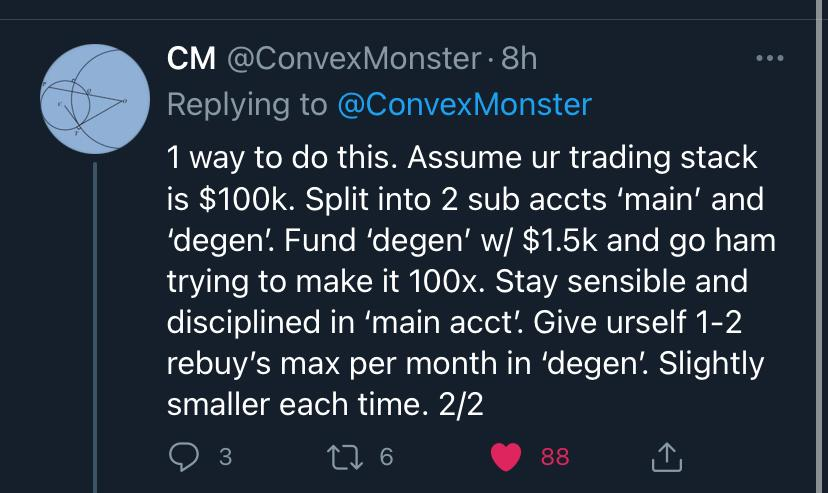 ポートフォリオを「メイン」と「デゲン」に分ける戦略についてのConvexMonsterのツイートのスクリーンショット