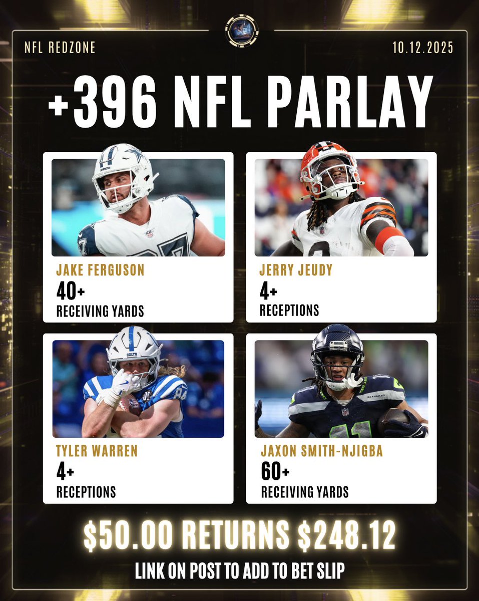 🔥🏈 +396 NFL Parlay

Hit the link below to load this straight to your FanDuel betslip.

👉 Load Here: bit.ly/396-Parlay

Four lines the algorithm loves today. Let’s get it.

21+, gamble responsibly.