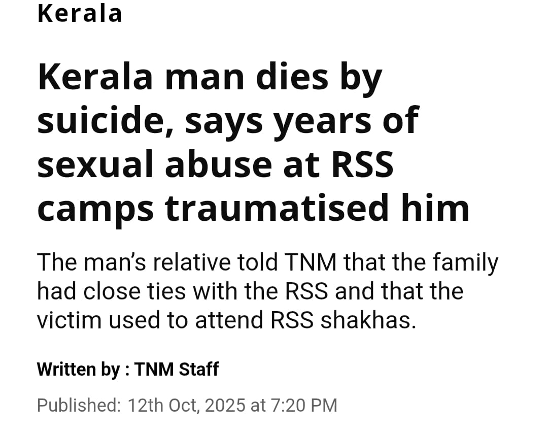 priyankagandhi's tweet image. The RSS must allow these allegations to be investigated fully. In his suicide message Anandu Aji alleged that he was abused again and again by multiple members of the RSS. 

He clearly stated that he was not the only victim and rampant sexual abuse is taking place in RSS camps.…