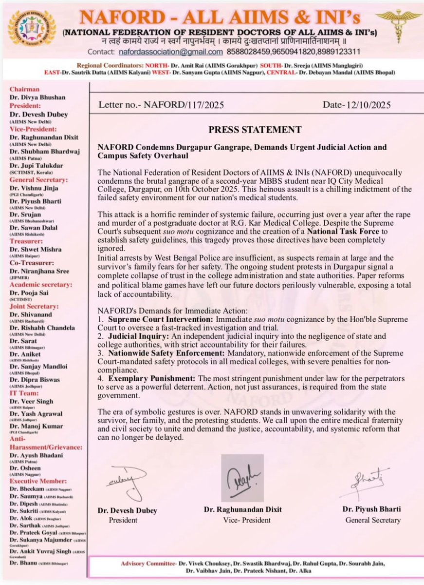 <a href="/NAFORDAIIMS/">NAFORD</a> strongly condemns the horrific crime committed against a medical student in Durgapur. We demand immediate intervention by the Supreme Court, an independent judicial inquiry, and the implementation of strict safety protocols across all medical institutions to ensure