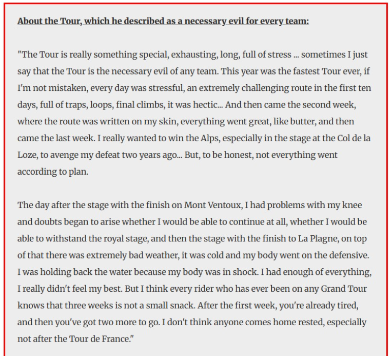 Tadej Pogacar reveals he had problems with his knee in the third week of the Tour, doubting he'd continue and finish the race. Auto-translated from Slovenian. Source in next post.