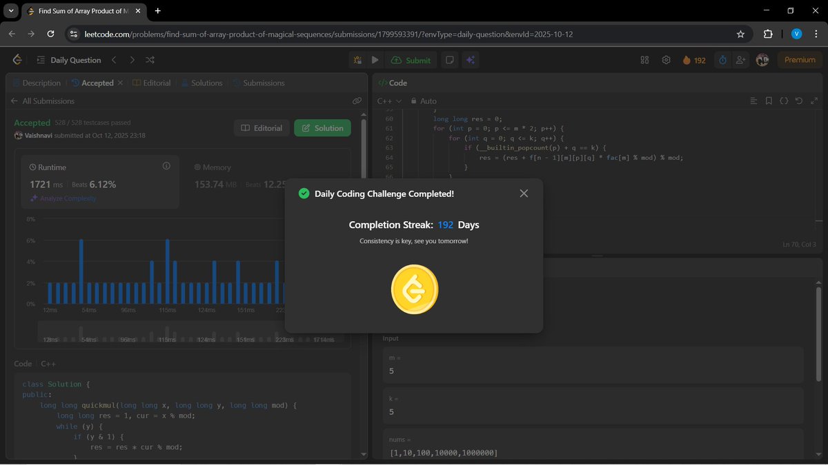 a_gupta30206's tweet image. Hey BitBuddies 💻✨!!

Day 42 of my coding journey 🚀

🟢 LeetCode POTD:
 “Find Sum of Array Product of Magical Sequences” ✨📊
🟢 GFG POTD:
 “Distribute Candies” 🍬🎁

#100DaysOfCode #LeetCode #GeeksforGeeks #Coding #BuildInPublic #DevCommunity #CodeNewbie
