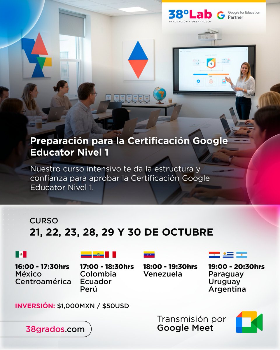 38GradosLab's tweet photo. Curso: Preparación para la Certificación Google Educator Nivel 1

¡Domina Google for Education y Certifícate! 🎓 Obtén el reconocimiento oficial que valida tus habilidades digitales.

Registro: https://t.co/puoBD1SA5Q https://t.co/VqDaklHDmT