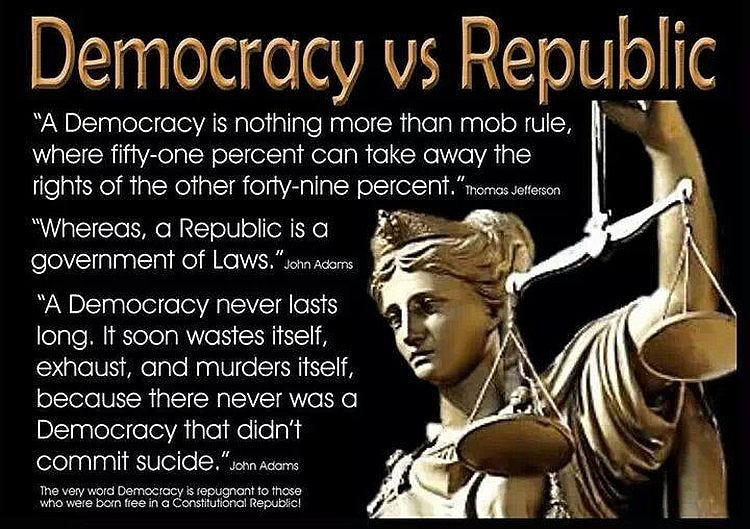 We Are a Constitutional Republic 🇺🇸

The U.S. is not just a democracy, it’s a Constitutional Republic. That means we vote for our leaders, but our rights aren’t up for a majority vote. The Constitution protects individuals and minorities, limiting what government can do, no