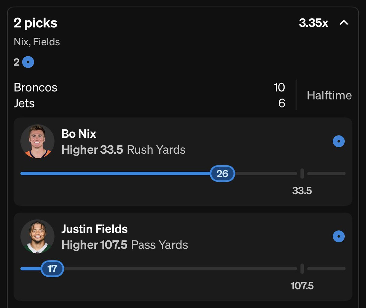 KBProps's tweet image. Broncos vs Jets 2nd Half Slip 🏈

Nix will continue to use his legs. Fields has to start passing. Simple as that.

Drop a ❤️ if you’re tailing this slip!

#Gambling #GamblingTwitter #NFL
 #PrizePicks #UnderdogFantasy #SleeperPicks #Chalkboard #PlayerPropBets #DraftKings…