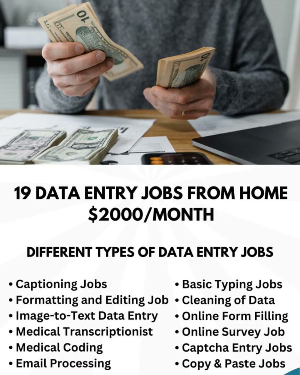 Marcilenyaraa's tweet image. I&apos;m deleting this soon because it&apos;s a legit cash-printing formula.

19 Websites that&apos;ll pay you $200/hr for data entry jobs:

With Just a Smartphone or Laptop and Internet.

For absolutely FREE to 5000 people.

To get it:
Follow Me for DM,Like and Retweet
Reply with &quot;Entry&quot;