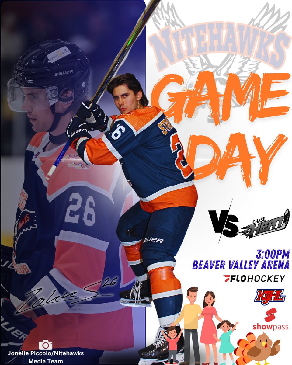 🚨NITEHAWKS GAMEDAY🚨

It’s Sunday Fun Day in BV! Join us before your Turkey dinner as the Hawks take on the Chase Heat! We’ll have bingo, a scavenger hunt and food specials for the kids! 

📍BV Arena
🆚 <a href="/ChaseHeat/">Chase Heat</a> 
⏰3:00PM
🎟️ bvnitehawks.ca/tickets
📺FloHockey
#Nitehawks