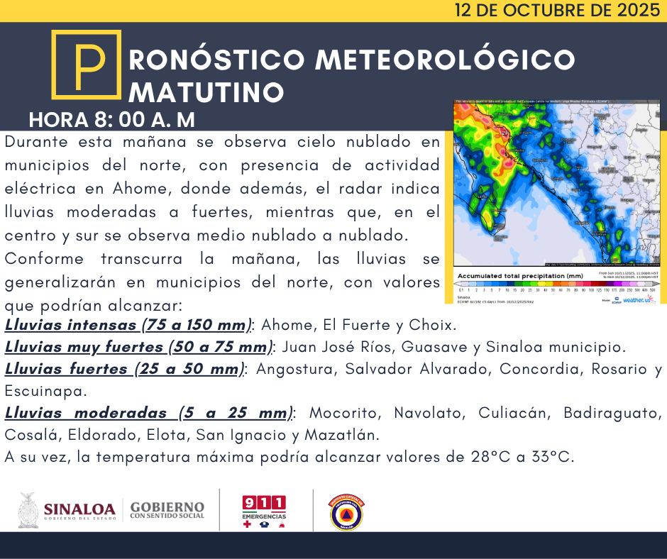 Trasciende60696's tweet image. #Clima || Pronóstico meteorológico de hoy domingo 12 de octubre || #TNoticias

La probabilidad  de lluvias se mantendrá alta en el Estado, sin embargo, las precipitaciones más fuertes se prevén en municipios del norte.