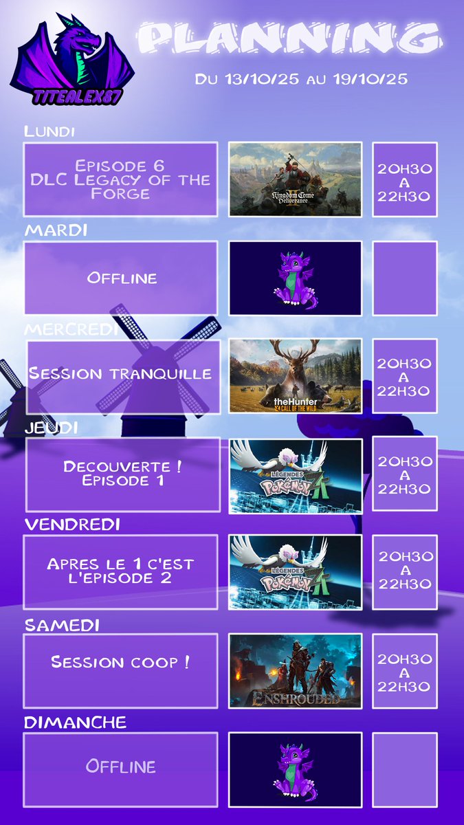 AlexClnc's tweet photo. 187ème planning ! #KingdomComeDeliverance2 #LegacyOfTheForge #TheHunterCallOfTheWild #Enshrouded #PokemonLegendsZA
https://t.co/BdNXstXtfz https://t.co/fo41jjrvdm