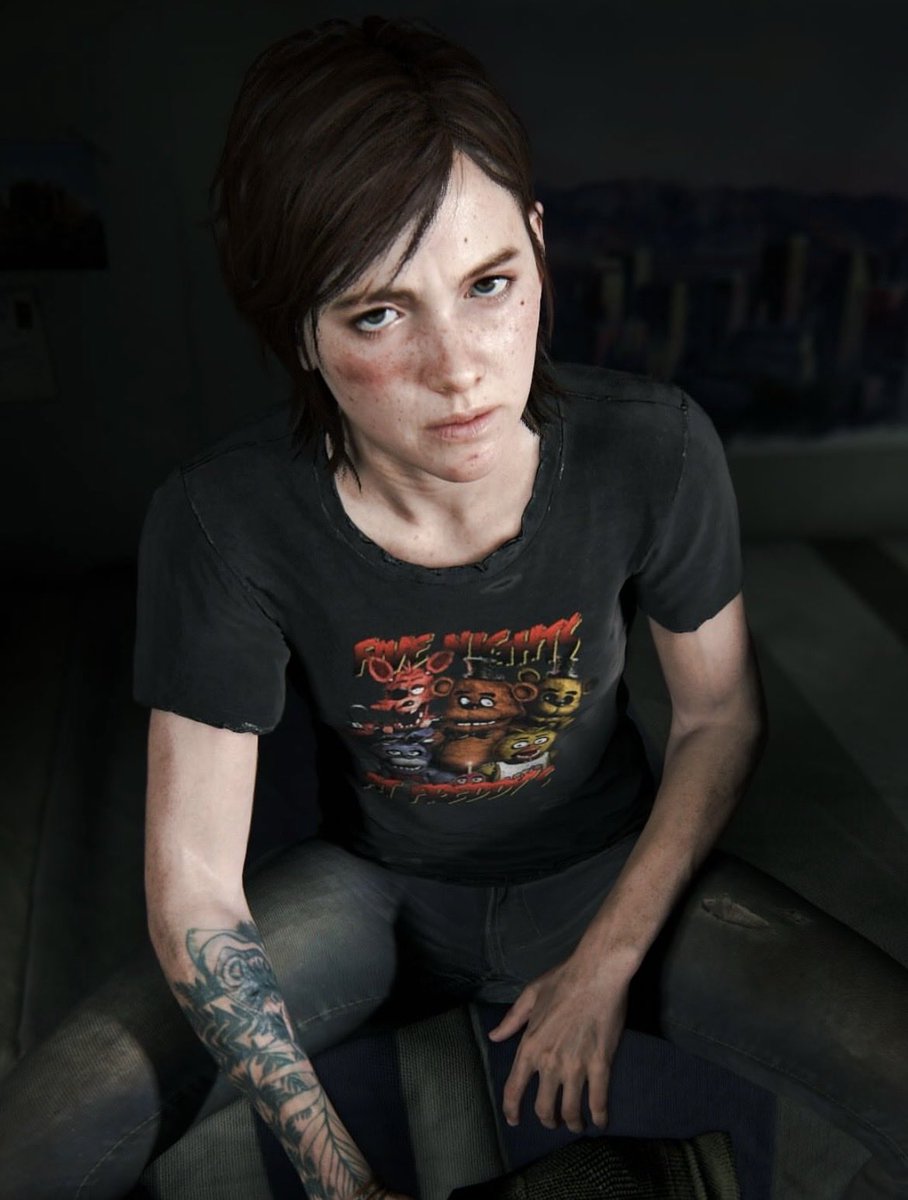 V4LKILLS's tweet image. ellie wearing fnaf like god intended.