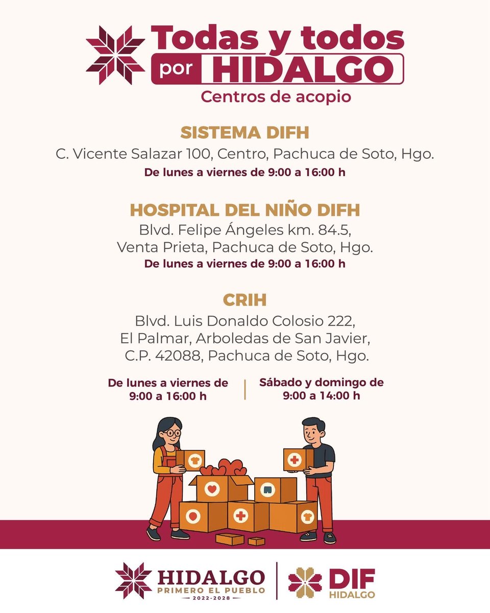 difhgo's tweet image. 📢 ATENCIÓN
En solidaridad con las comunidades y municipios de nuestra entidad afectados por lluvias atípicas, #LaFamiliaDIFH habilitó centros de acopio para recibir tu apoyo.
#EsPorTi