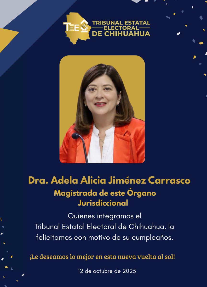 🥳 Felicitamos con motivo de su cumpleaños a la Magistrada de este Órgano Jurisdiccional, Adela Alicia Jiménez Carrasco.

Reciba un afectuoso abrazo 🤗